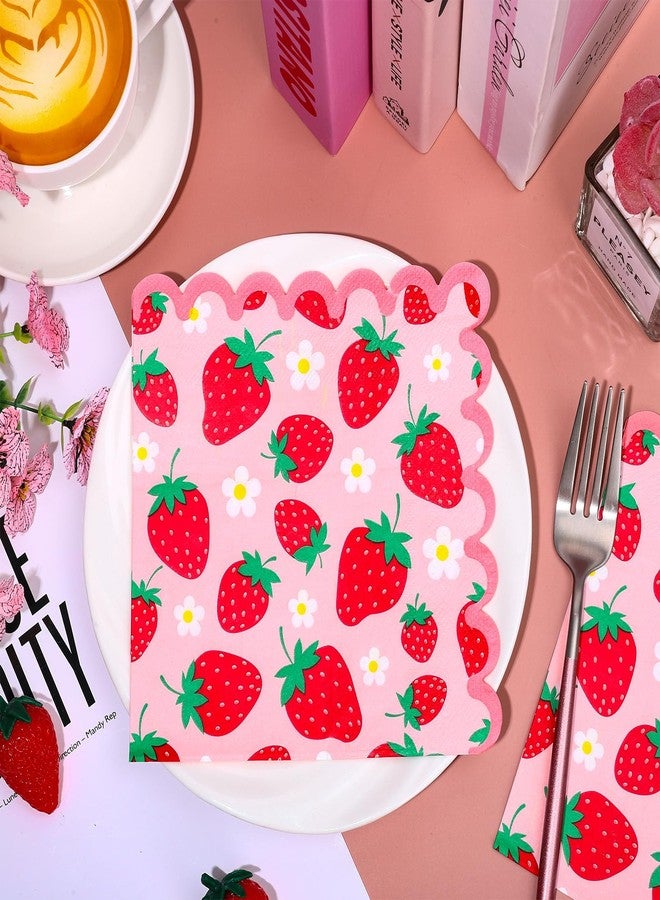 Whaline 50 Pcs Strawberry Scalloped Paper Napkins Pink Red Strawberry Flower Disposable Napkins Fruit Luncheon Dinner Napkin for Birthday Summer Party Table Supplies - Image 3